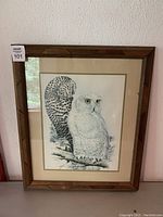 Full view of framed owl print hung on wall, showing wood frame and matting.