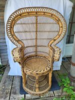 Front view showing the full chair with high fan back, rounded arms and round seat, presented outdoors on a mat against a white backdrop.