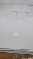Three natural selenite crystals laid flat on white background, showing two elongated pieces and one rectangular piece with visible fibrous texture.