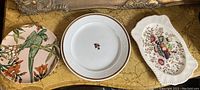 Three plates placed on a table: a green parrot floral decorative plate, a plain white plate with gold rim and small floral decoration, and an oval plate with fruit and flower motif.