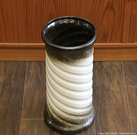 Front and top view of vintage ceramic vase showing color and texture