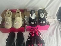 Four pairs of shoes displayed: two Skechers pairs on top, Crocs flip flops bottom left, and Nike water shoes bottom right.