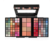 Full view of the e.l.f. makeup palette showing the range of eyeshadows, blushes, highlighters, and lip colors inside a black compact case with mirror