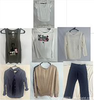 Collage of women's size small clothing items including shirts, sweaters, pants, and tanks in various neutral colors.