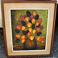 Front view of the impasto oil painting showing textured flowers in warm tones in mid-century frame