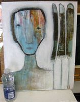 Front view of the full abstract face oil painting on stretched wood canvas with a water bottle for scale.