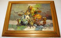 Full view of the framed impressionist oil painting on canvas with warm colors and thick textured brush strokes, artist signed.