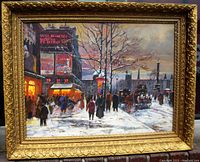 Front-facing photo showing the wood framed Victorian style art print depicting illuminated storefronts on a snowy street with people and horse-drawn carriages.