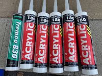 Six tubes of acrylic siliconized caulking sealant: five NuFlex 180 white tubes and one Tremco 830 green tube, all 300 ml.