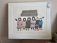 Framed and matted print titled 'Spectators' by Holman, showing six stylized Indigenous figures in winter clothing, limited edition 47/50.