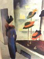 Close-up of the painting with a figure looking at hats in a window display, muted colors, visible wear.