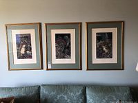 View of the three framed prints hanging above a sofa, showing the overall size, framing, and matting style.