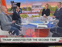 TV screen on displaying news program with people seated around a table, illustrating TV functionality and screen quality.