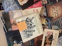 Photo of vintage music albums, shows multiple records with worn and stained covers, various artists and styles.