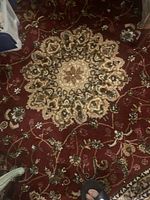 Central medallion of red rug with beige and brown floral design