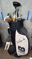 Overall view of New Balance golf bag filled with assorted golf clubs