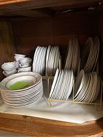 Photo showing stacked plates, cups and bowls arranged on shelf
