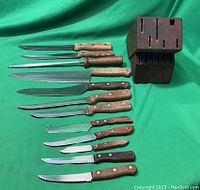 Set includes 12 wooden handled cutting utensils of varied blade types including serrated, chef, boning, paring knives plus a steel rod, displayed alongside dark stained wooden block with slots.