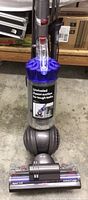Front view of Dyson Ball Animal 2 showing ball wheel base, clear dust bin with purple cyclone dome and motorized brush head detached