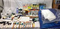 Full overview of painting supplies including brushes, rollers, sanding sheets, tape, sealant, tarps, and applicator tools.