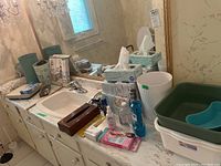 View of bathroom counter with tissue boxes, plastic bins, soap, Braun hair dryer box and various hygiene items
