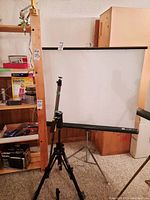 Photo showing Radiant projection screen with tripod stand and Slik 16 tripod in front.