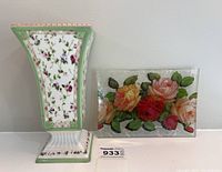 Photo showing the Laura Ashley floral vase with green border and rectangular painted glass tray with roses