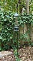Full view of the standing bird feeder with metal stake in garden setting near green leafy wall and mulch ground cover.