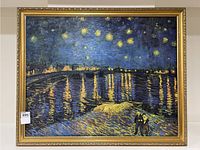 Full front view of framed reproduction painting of Starry Night Over the Rhône