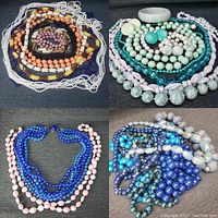 Four-lot layout showing mixed vintage costume jewelry on a dark background; various colors including blue, white, orange, pink, aqua, and green beads.