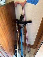 Photo showing six walking canes of various types including pink, black, blue, leopard print canes leaning against wall.
