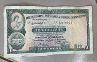 Front side of the 1981 HK & Shanghai Banking Corporation 10 Dollar banknote showing watermark, portrait, serial numbers, and denomination details.