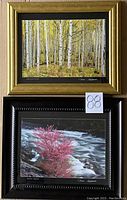 Frontal image showing both framed prints stacked vertically, highlighting the color contrast in frames and detailed forest and river scenes.