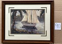Framed sailboat print showing overall image and condition.