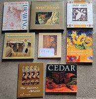 Top view of eight art books arranged on a carpeted floor, showing titles and covers clearly for identification.