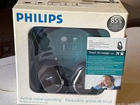 Front of sealed original Philips headphone box showing model, branding, and active noise cancelling feature.