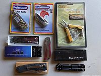 Overview photo showing all seven items mostly in packaging, neatly arranged, revealing product types and some branding.