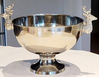Front view of the stainless steel ice bowl showing the wide rounded bowl shape, pedestal base, and polished reflective surface.