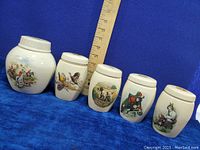 Photo of all five lidded ginger jars showing size differences and front illustrations