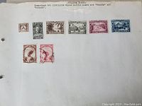 Sheet of Belgium Congo stamps showing a variety of denominations and designs with typed label noting 'BELGIUM CONGO' and referencing Ruanda and Urundi districts.