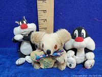 Photo showing three plush toys against a ruler for scale: two Sylvester the Cat toys and one Blue Gum Billy Koala plush in the middle.