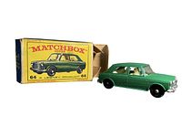 Green Matchbox Series #64 MG 1100 diecast toy car and original box side by side on white background.