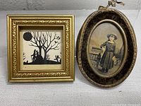 Photo showing both framed items side by side: the antique oval photograph and the small silhouette artwork in gold square frame.