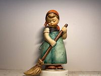 Porcelain figurine of a young girl holding a broom, front view, showing detailed color and design of dress, headscarf, and broom.