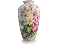 First vase with colorful hand painted roses on bone china, tall shape and glossy finish