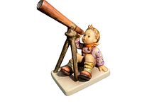 Side view of the porcelain figurine showing a child looking through a telescope mounted on a tripod, painted in multiple colors.