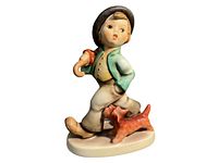 Front and side view of the Strolling Along Hummel porcelain figurine with boy and dog in traditional attire.