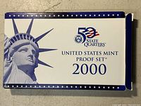 Box of United States Mint Proof Set 2000 featuring the Statue of Liberty and 50 State Quarters logo.