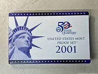 Closed packaging of 2001 United States Mint Proof Set featuring Statue of Liberty and 50 State Quarters logo