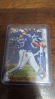 Photo showing Vladimir Guerrero Jr All-Star Rookie baseball card from Topps in a protective sleeve on a wooden surface.